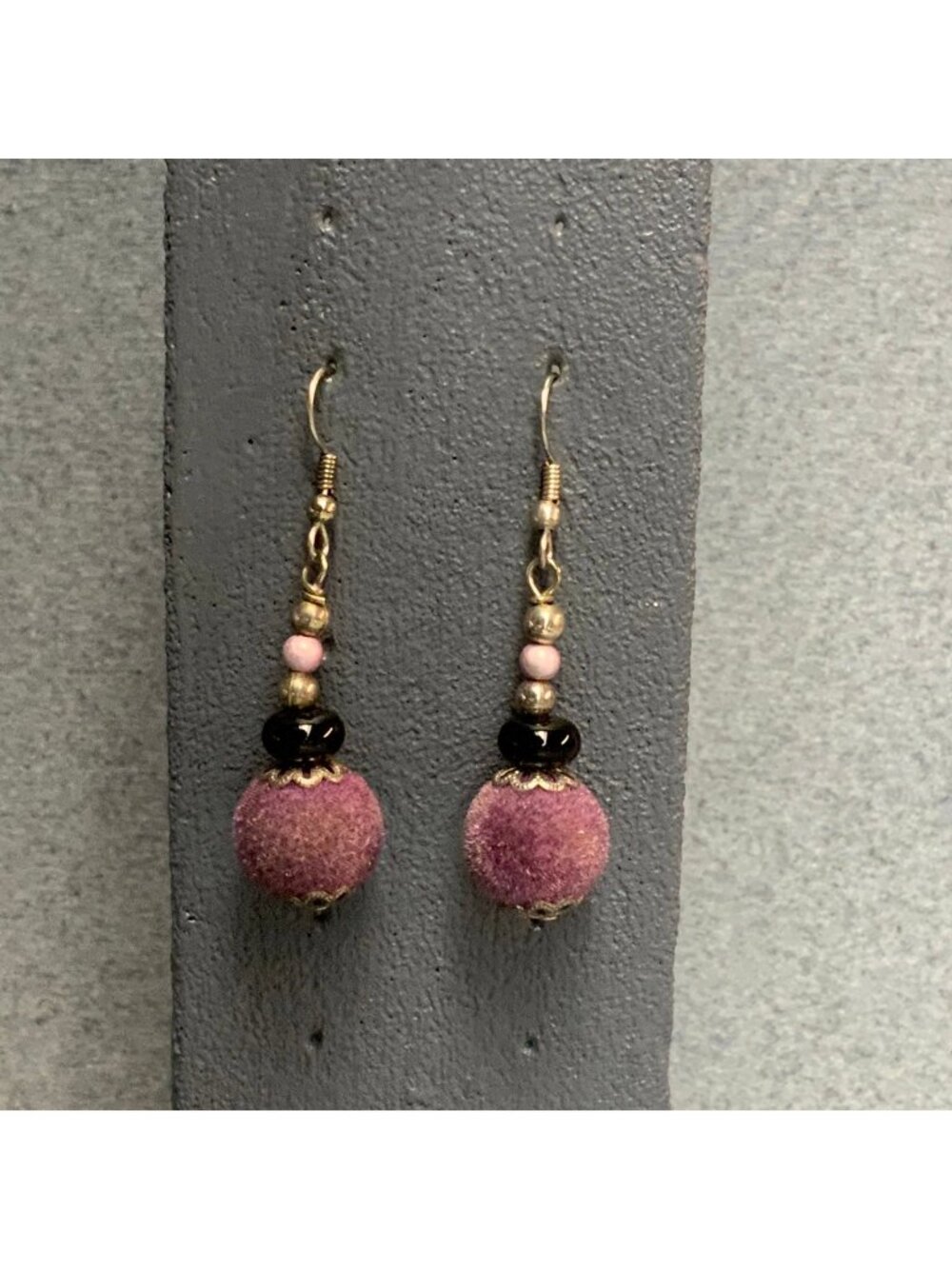 Fuzzy Dangle Pierced Earrings 2 In Flocked Purple Beads Silver Black Retro Boho